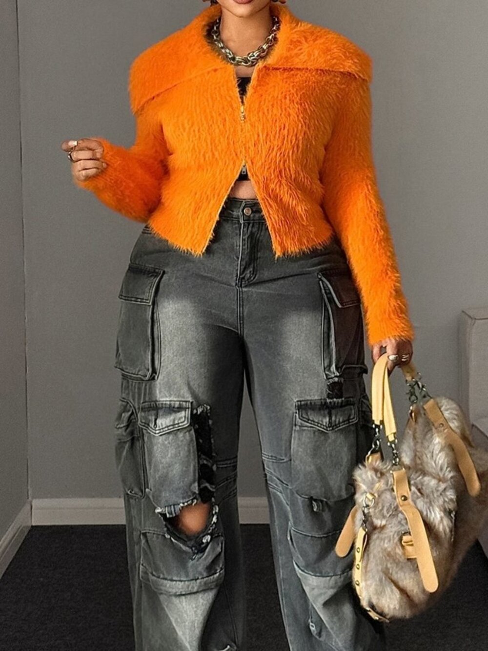 Orange Casual Women's Fuzzy Zip Cardigan Crop Jacket
